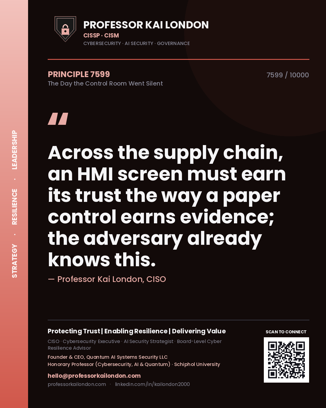 Quote card by Professor Kai London reading 'Across the supply chain, an HMI screen must earn its trust the way a paper control earns evidence; the adversary already knows this.'. From the book The Day the Control Room Went Silent.