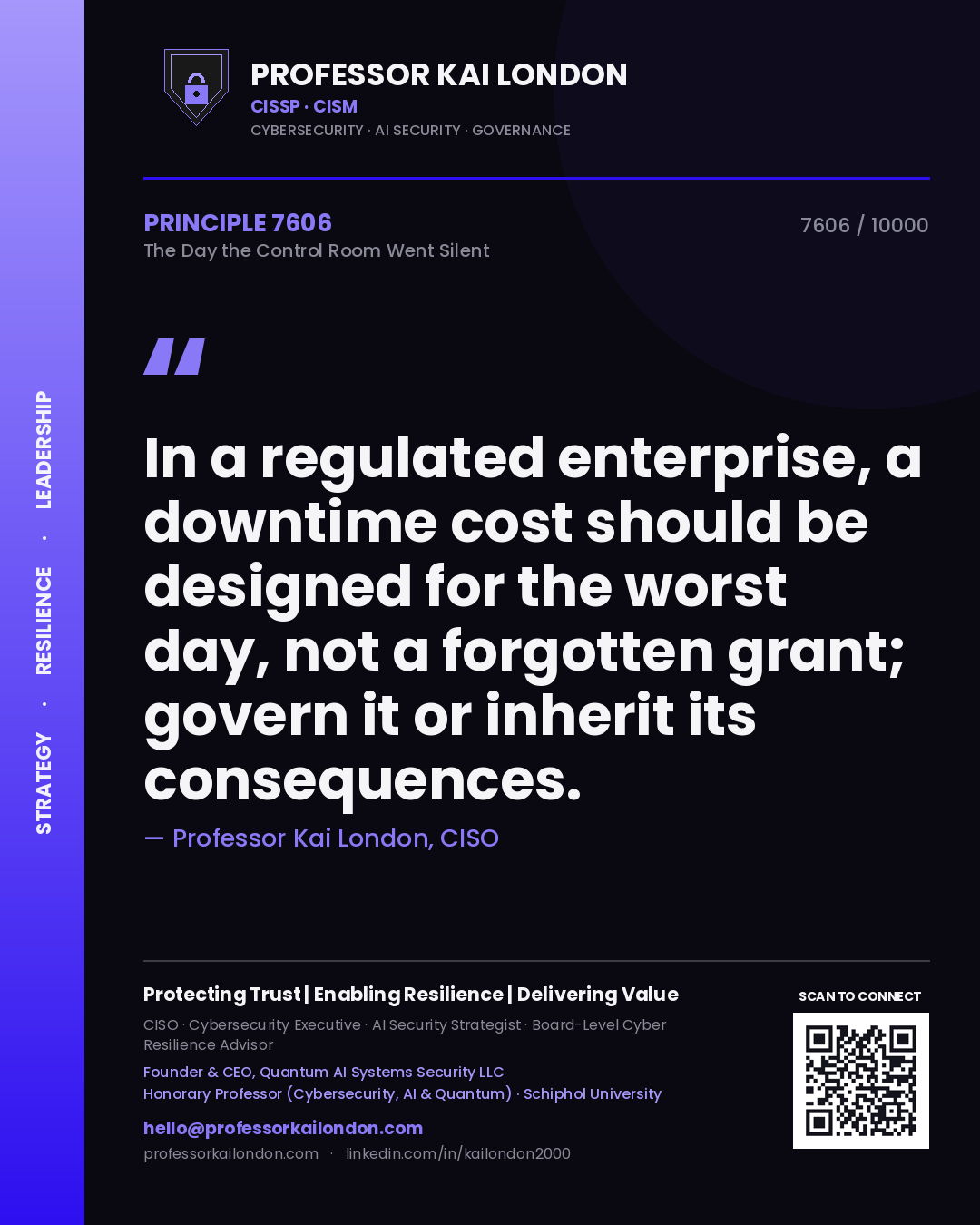 Quote card by Professor Kai London reading 'In a regulated enterprise, a downtime cost should be designed for the worst day, not a forgotten grant; govern it or inherit its consequences.'. From the book The Day the Control Room Went Silent.