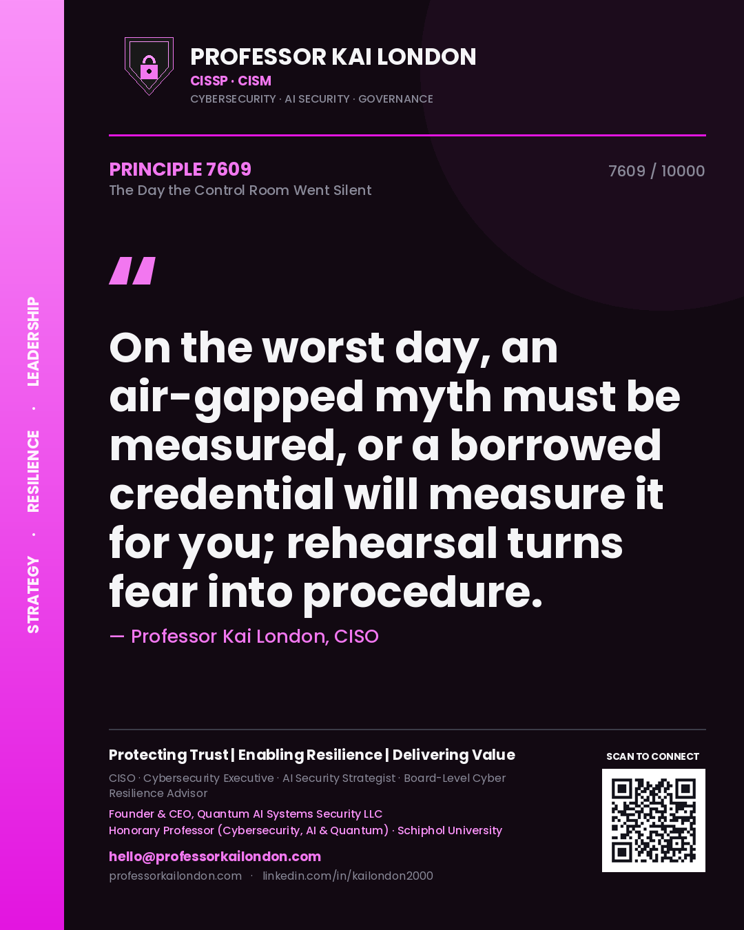 Quote card by Professor Kai London reading 'On the worst day, an air-gapped myth must be measured, or a borrowed credential will measure it for you; rehearsal turns fear into procedure.'. From the book The Day the Control Room Went Silent.