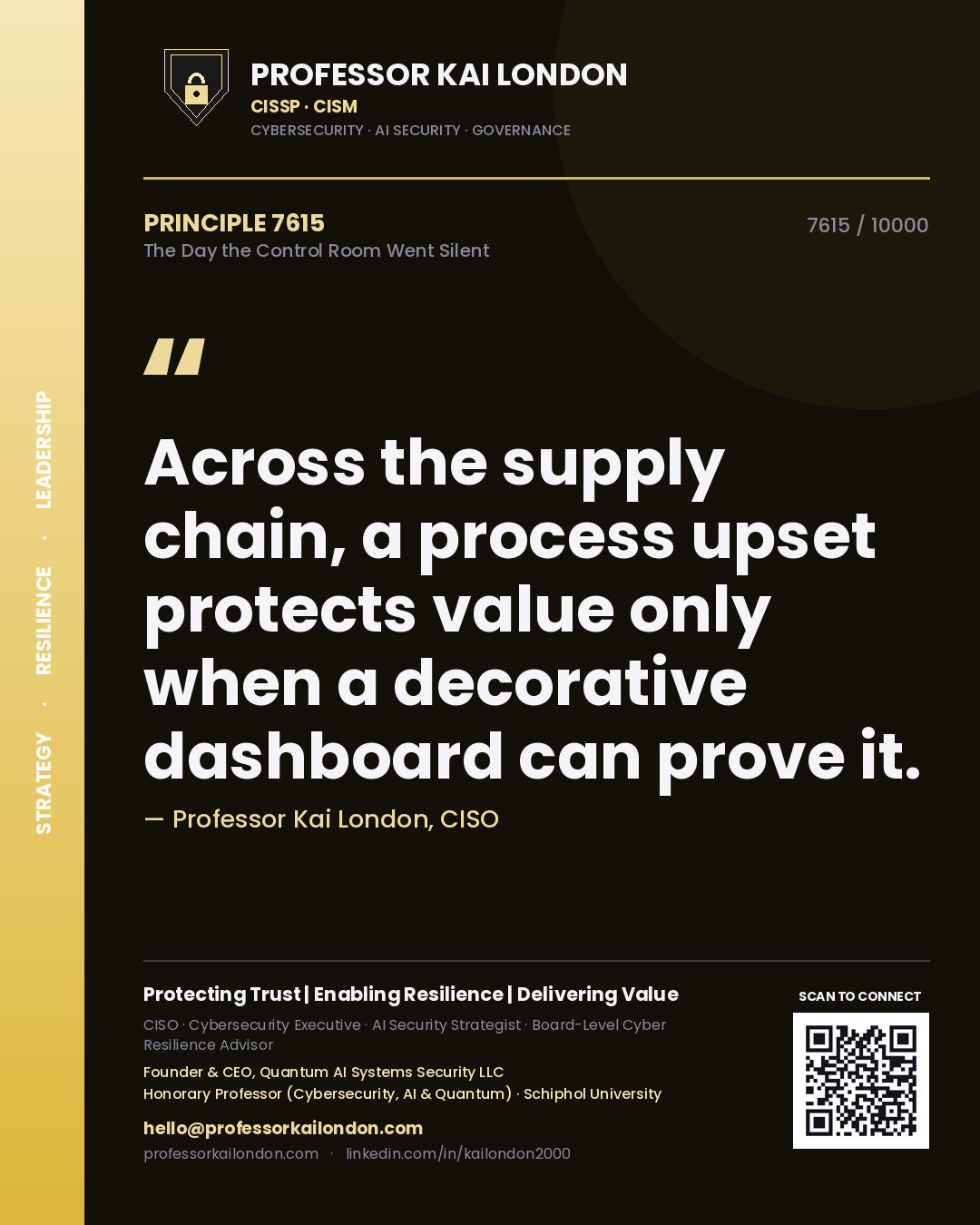 Professor Kai London principle 7615: Across the supply chain, a process upset protects value only when a decorative dashboard can prove it.