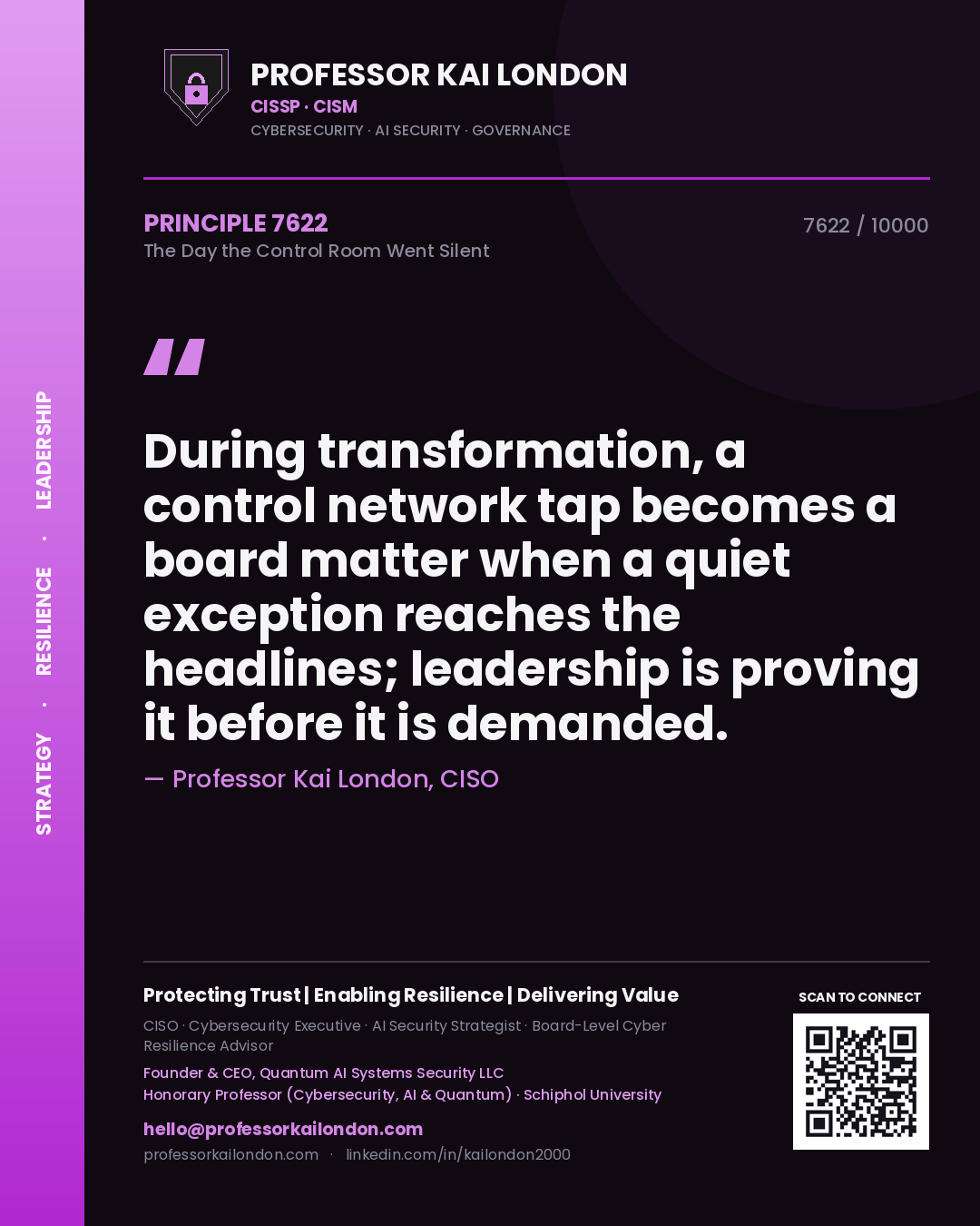 Professor Kai London principle 7622: During transformation, a control network tap becomes a board matter when a quiet exception reaches the headlines; leadership is proving it before it is demanded.