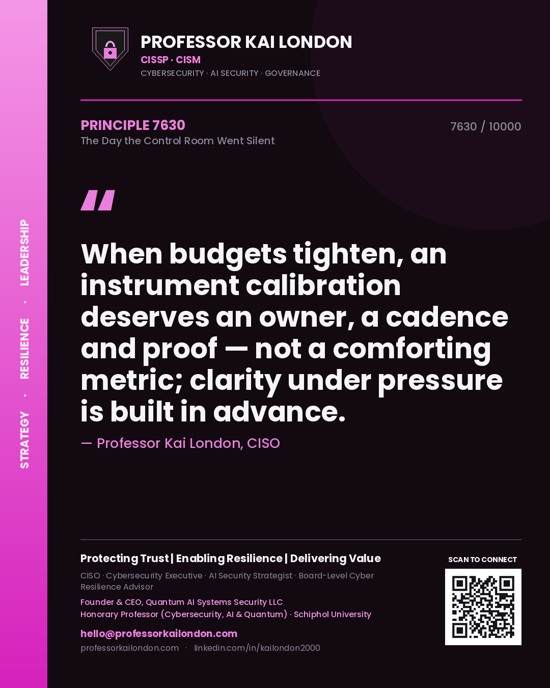 Professor Kai London principle 7630: When budgets tighten, an instrument calibration deserves an owner, a cadence and proof — not a comforting metric; clarity under pressure is built in advance.