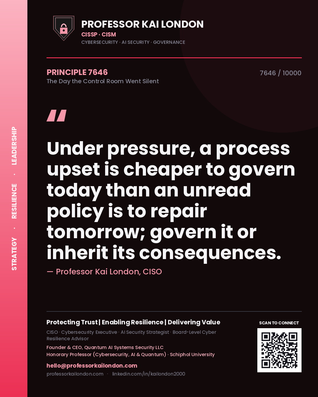 Quote card by Professor Kai London reading 'Under pressure, a process upset is cheaper to govern today than an unread policy is to repair tomorrow; govern it or inherit its consequences.'. From the book The Day the Control Room Went Silent.