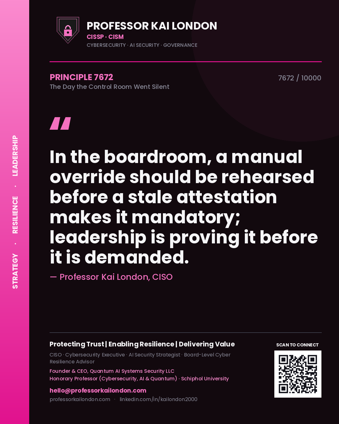 Quote card by Professor Kai London reading 'In the boardroom, a manual override should be rehearsed before a stale attestation makes it mandatory; leadership is proving it before it is demanded.'. From the book The Day the Control Room Went Silent.