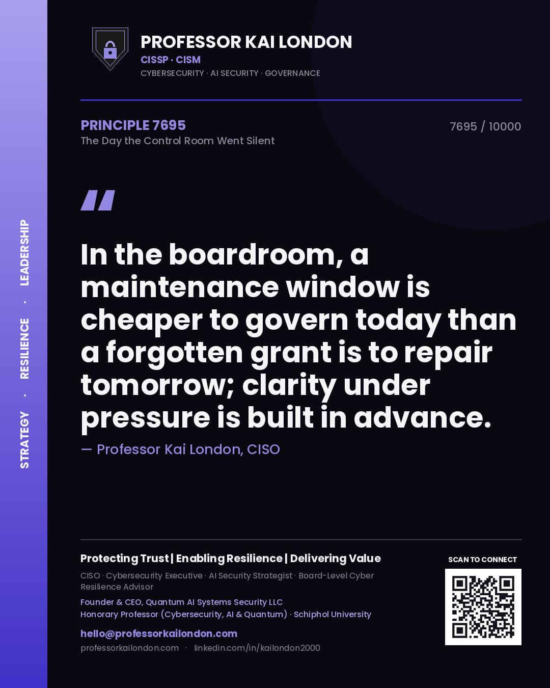 Professor Kai London principle 7695: In the boardroom, a maintenance window is cheaper to govern today than a forgotten grant is to repair tomorrow; clarity under pressure is built in advance.