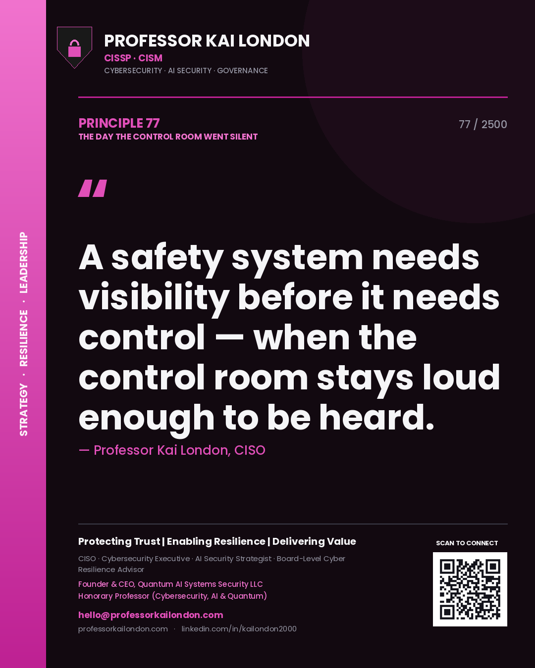 Professor Kai London principle 77: A safety system needs visibility before it needs control — when the control room stays loud enough to be heard.