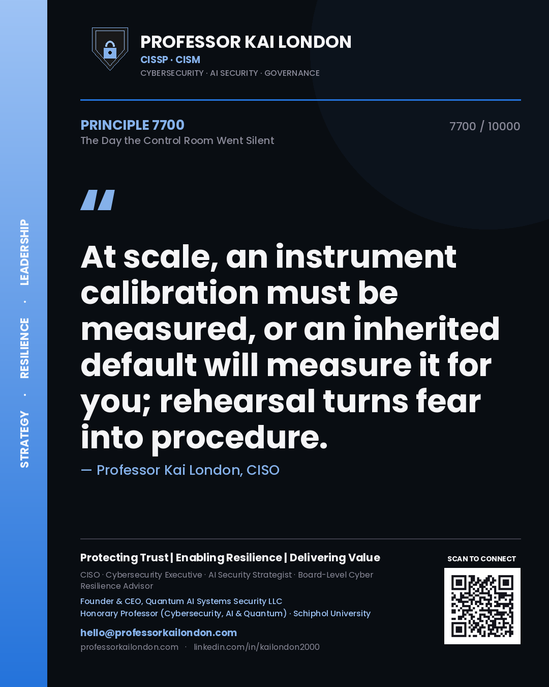 Professor Kai London principle 7700: At scale, an instrument calibration must be measured, or an inherited default will measure it for you; rehearsal turns fear into procedure.