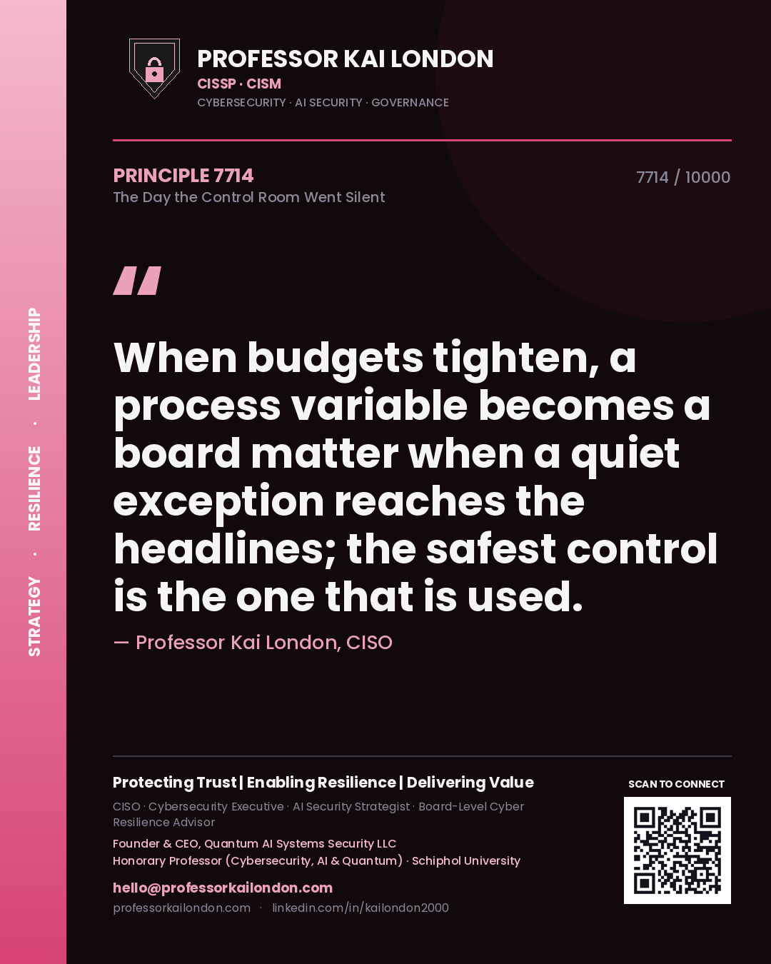 Professor Kai London principle 7714: When budgets tighten, a process variable becomes a board matter when a quiet exception reaches the headlines; the safest control is the one that is used.