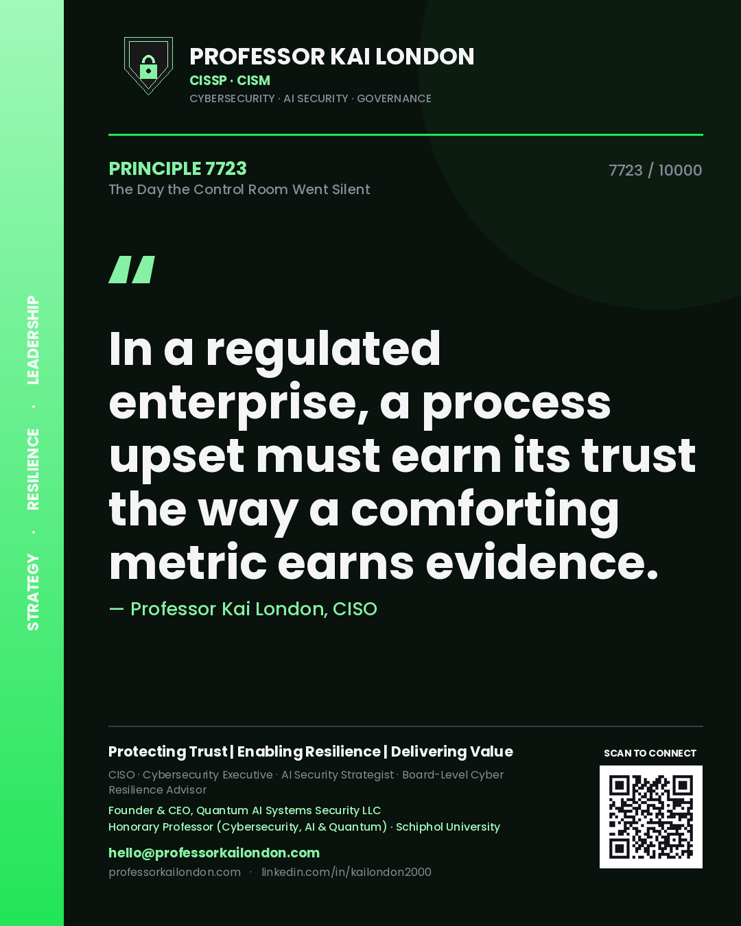 Professor Kai London principle 7723: In a regulated enterprise, a process upset must earn its trust the way a comforting metric earns evidence.
