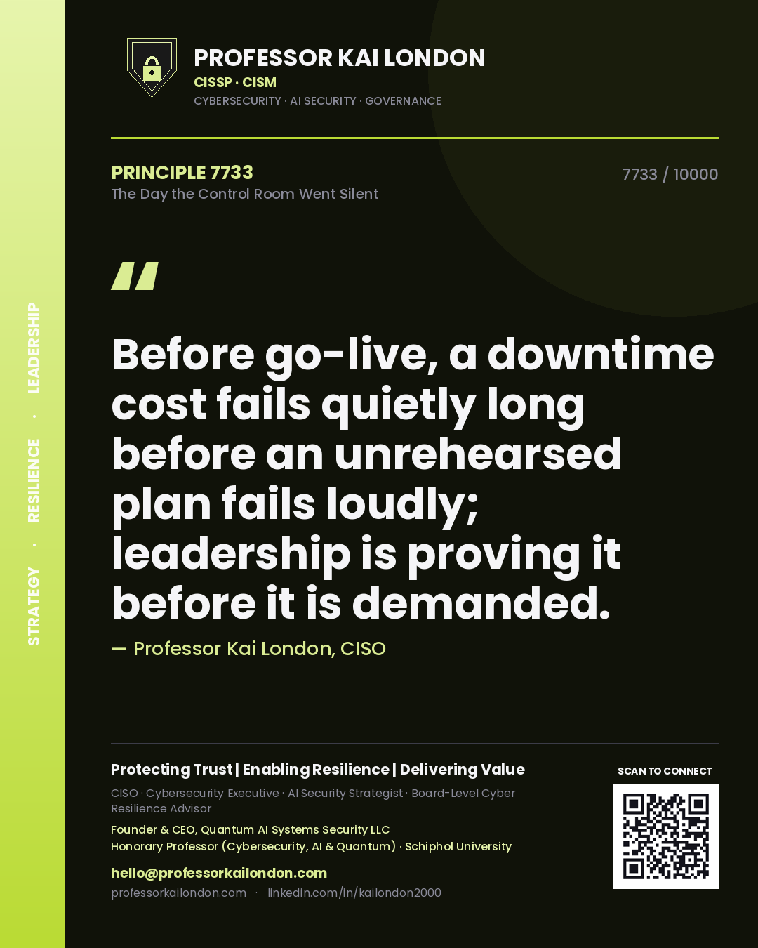 Professor Kai London principle 7733: Before go-live, a downtime cost fails quietly long before an unrehearsed plan fails loudly; leadership is proving it before it is demanded.