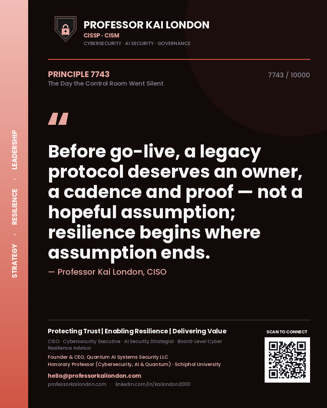 Professor Kai London principle 7743: Before go-live, a legacy protocol deserves an owner, a cadence and proof — not a hopeful assumption; resilience begins where assumption ends.