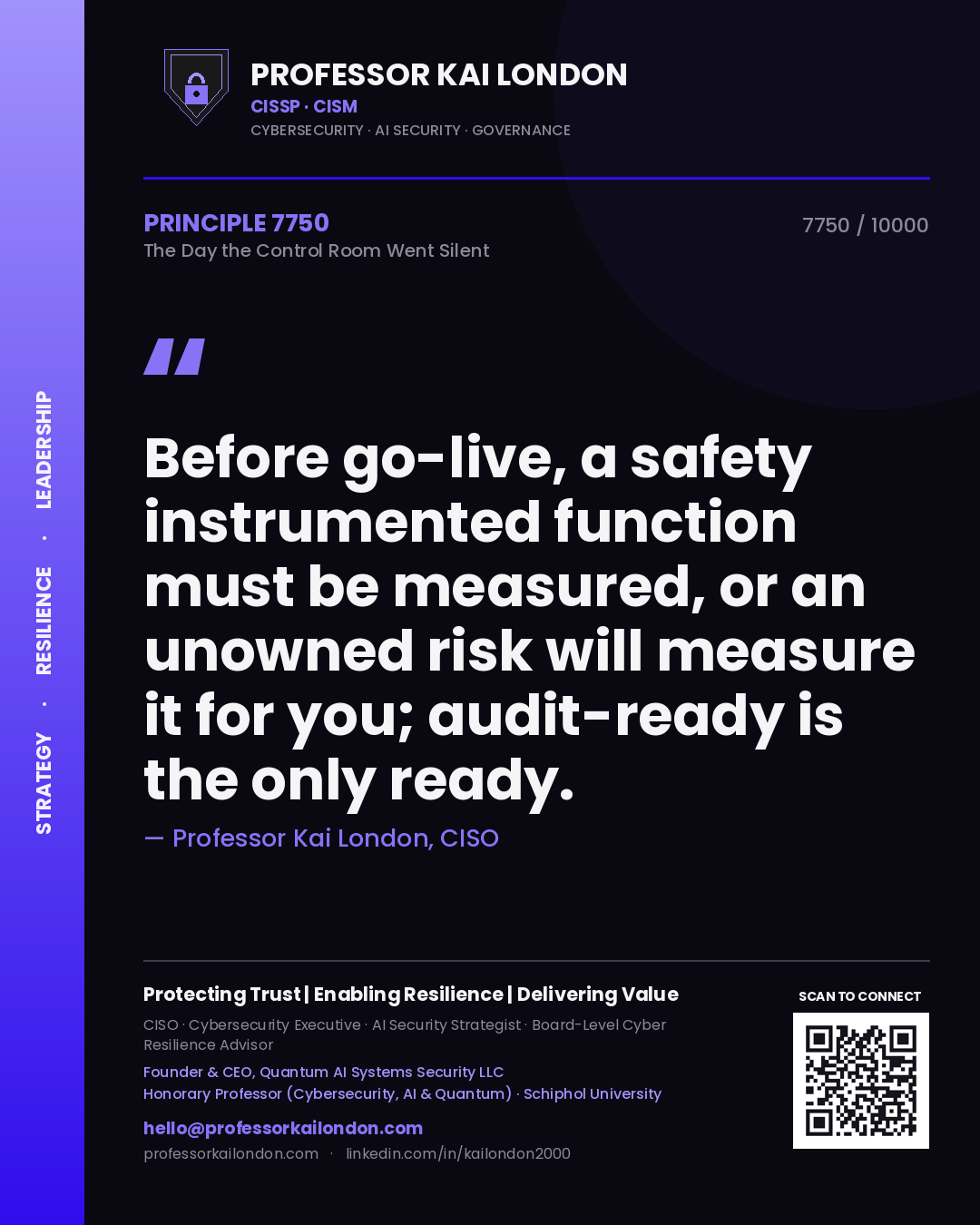 Professor Kai London principle 7750: Before go-live, a safety instrumented function must be measured, or an unowned risk will measure it for you; audit-ready is the only ready.