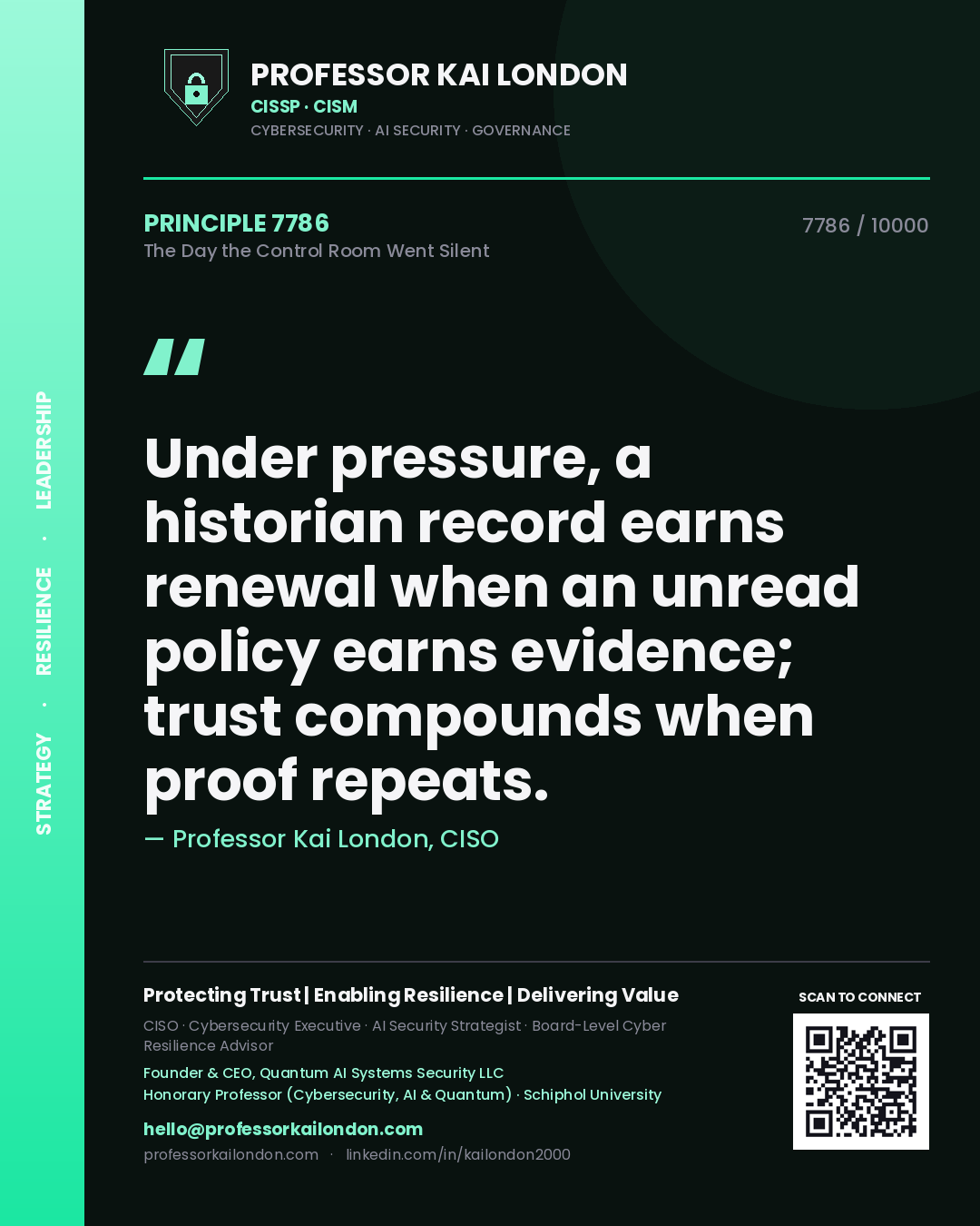 Professor Kai London principle 7786: Under pressure, a historian record earns renewal when an unread policy earns evidence; trust compounds when proof repeats.