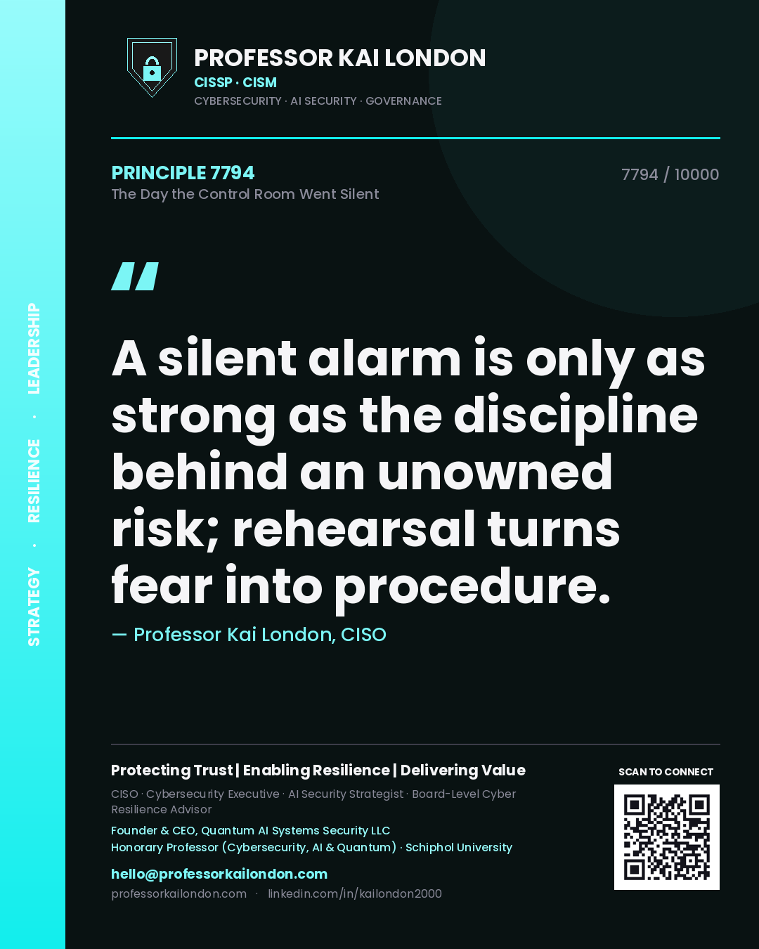 Quote card by Professor Kai London reading 'A silent alarm is only as strong as the discipline behind an unowned risk; rehearsal turns fear into procedure.'. From the book The Day the Control Room Went Silent.