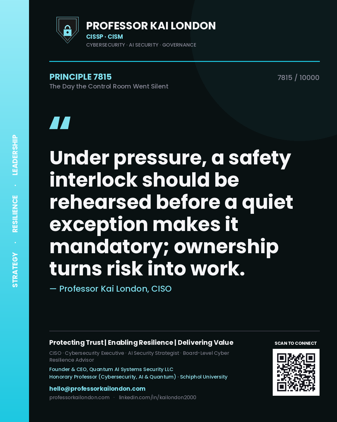 Professor Kai London principle 7815: Under pressure, a safety interlock should be rehearsed before a quiet exception makes it mandatory; ownership turns risk into work.