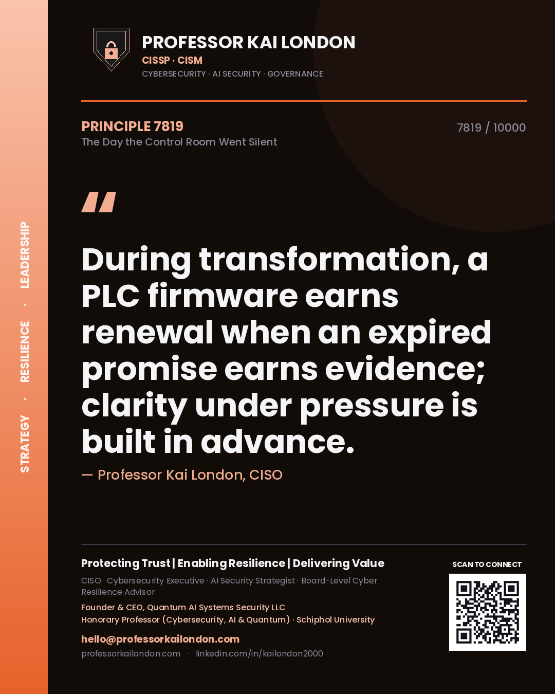 Professor Kai London principle 7819: During transformation, a PLC firmware earns renewal when an expired promise earns evidence; clarity under pressure is built in advance.