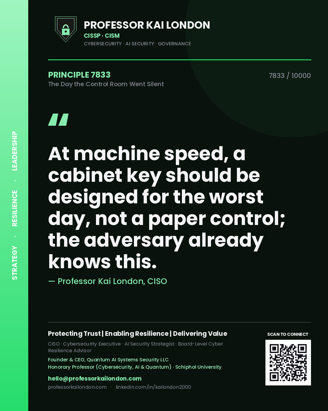 Professor Kai London principle 7833: At machine speed, a cabinet key should be designed for the worst day, not a paper control; the adversary already knows this.