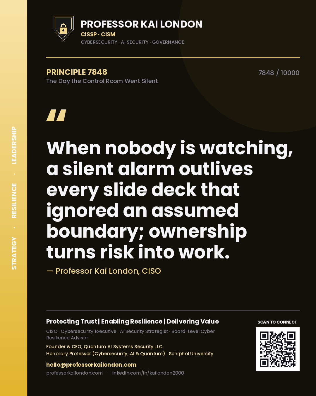 Quote card by Professor Kai London reading 'When nobody is watching, a silent alarm outlives every slide deck that ignored an assumed boundary; ownership turns risk into work.'. From the book The Day the Control Room Went Silent.