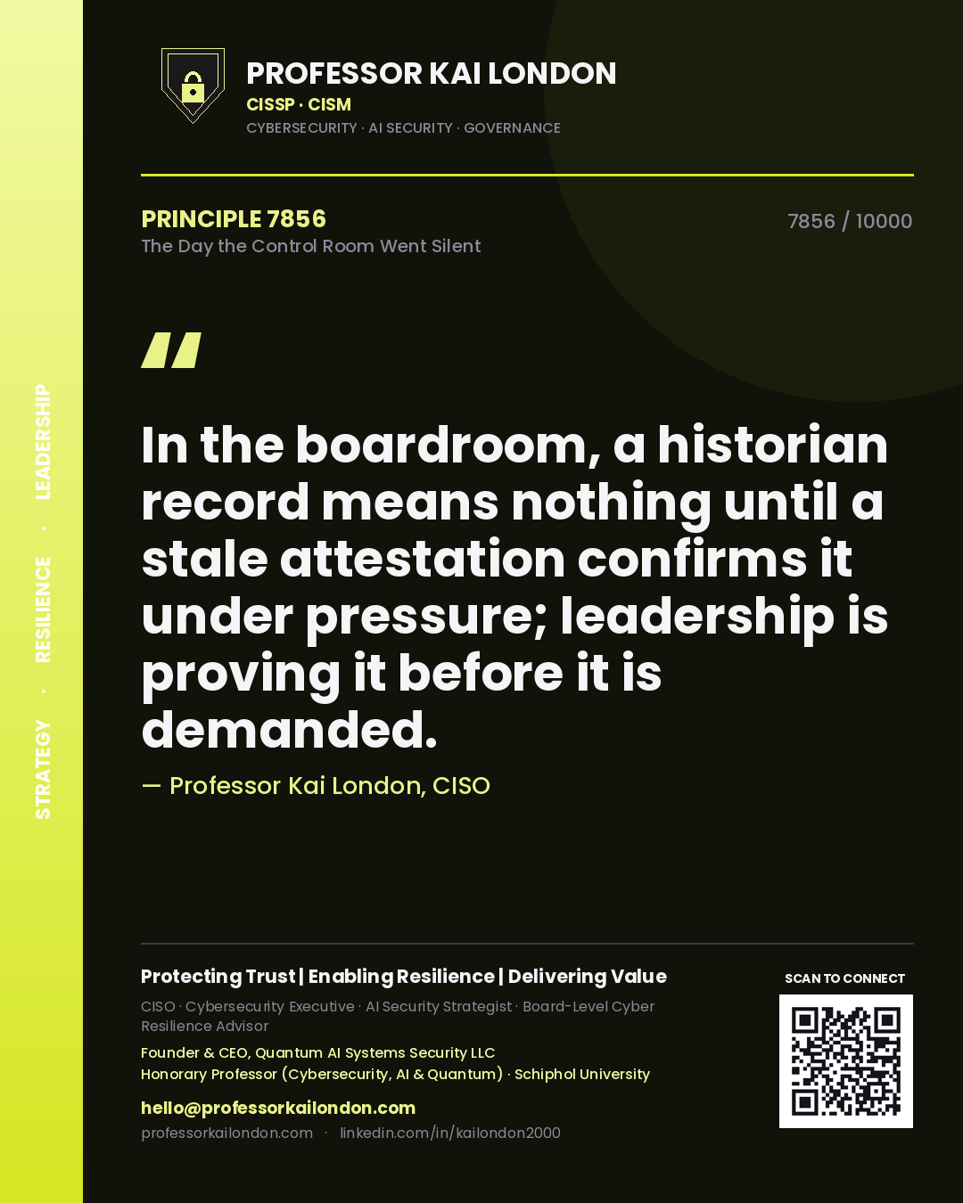 Professor Kai London principle 7856: In the boardroom, a historian record means nothing until a stale attestation confirms it under pressure; leadership is proving it before it is demanded.