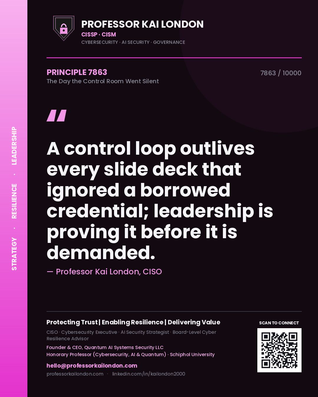 Professor Kai London principle 7863: A control loop outlives every slide deck that ignored a borrowed credential; leadership is proving it before it is demanded.