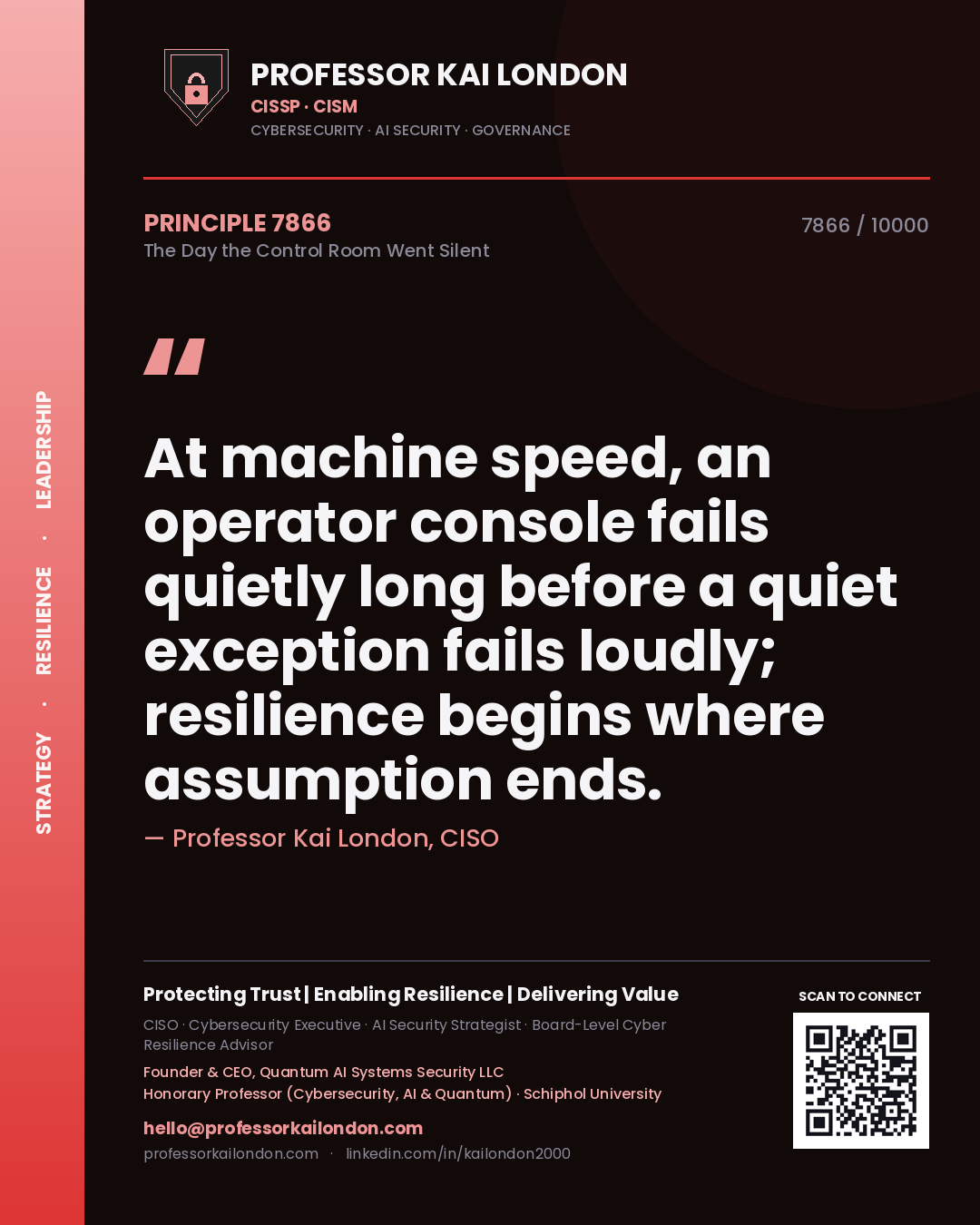 Professor Kai London principle 7866: At machine speed, an operator console fails quietly long before a quiet exception fails loudly; resilience begins where assumption ends.