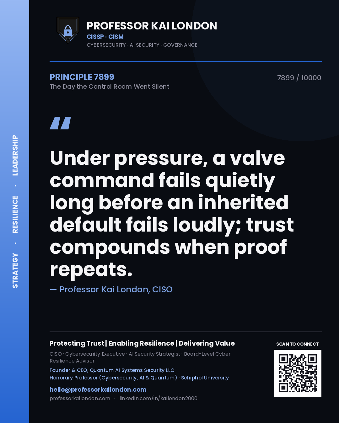 Professor Kai London principle 7899: Under pressure, a valve command fails quietly long before an inherited default fails loudly; trust compounds when proof repeats.
