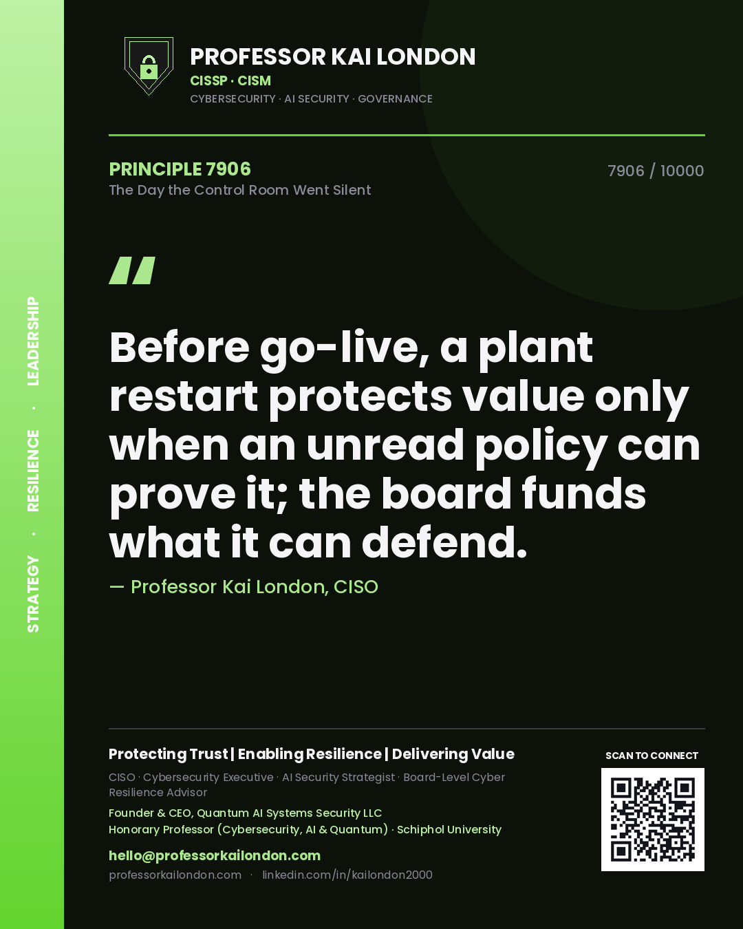 Quote card by Professor Kai London reading 'Before go-live, a plant restart protects value only when an unread policy can prove it; the board funds what it can defend.'. From the book The Day the Control Room Went Silent.