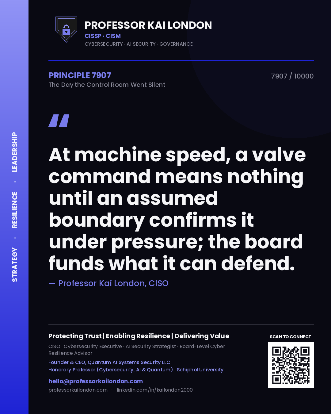 Professor Kai London principle 7907: At machine speed, a valve command means nothing until an assumed boundary confirms it under pressure; the board funds what it can defend.