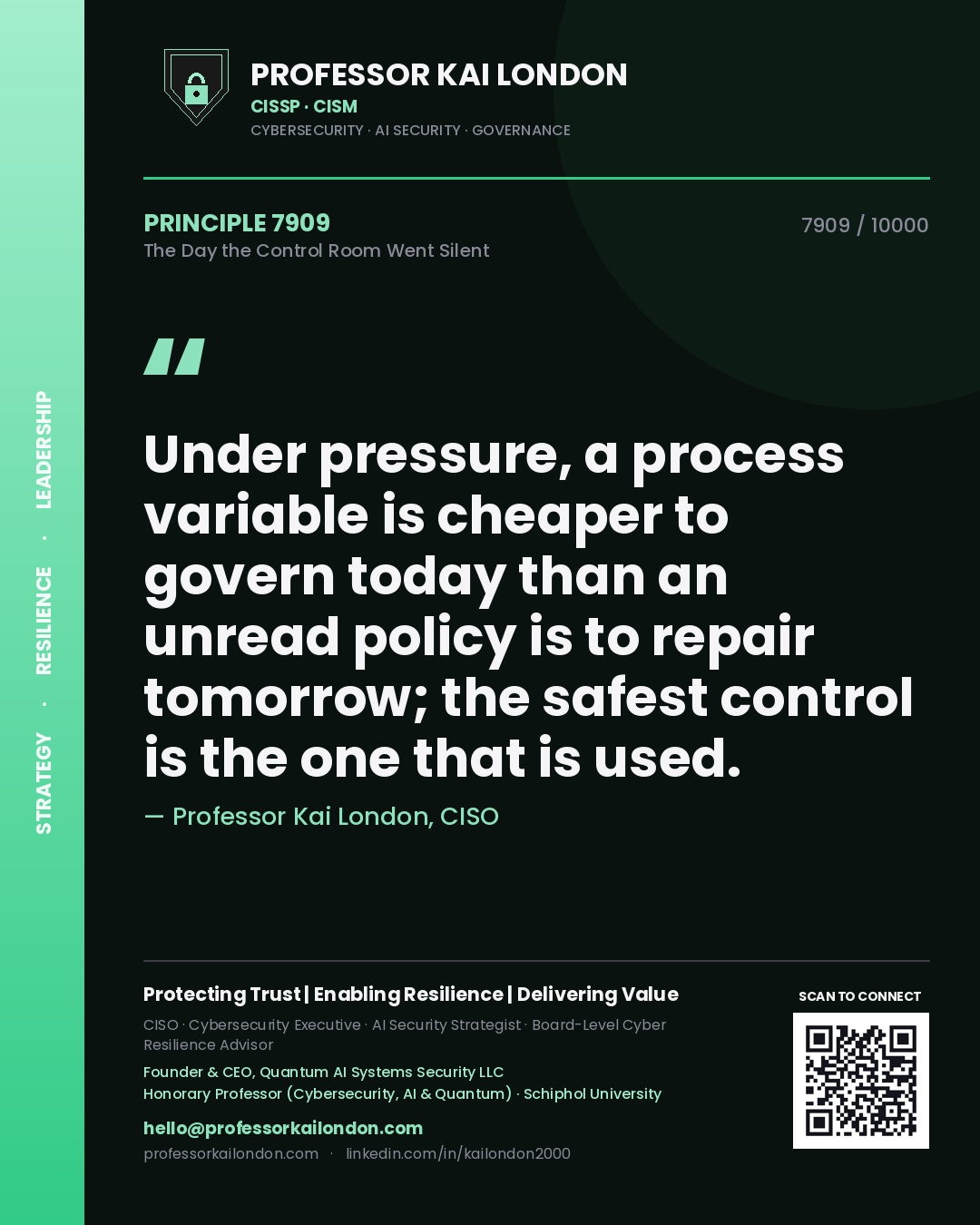 Professor Kai London principle 7909: Under pressure, a process variable is cheaper to govern today than an unread policy is to repair tomorrow; the safest control is the one that is used.