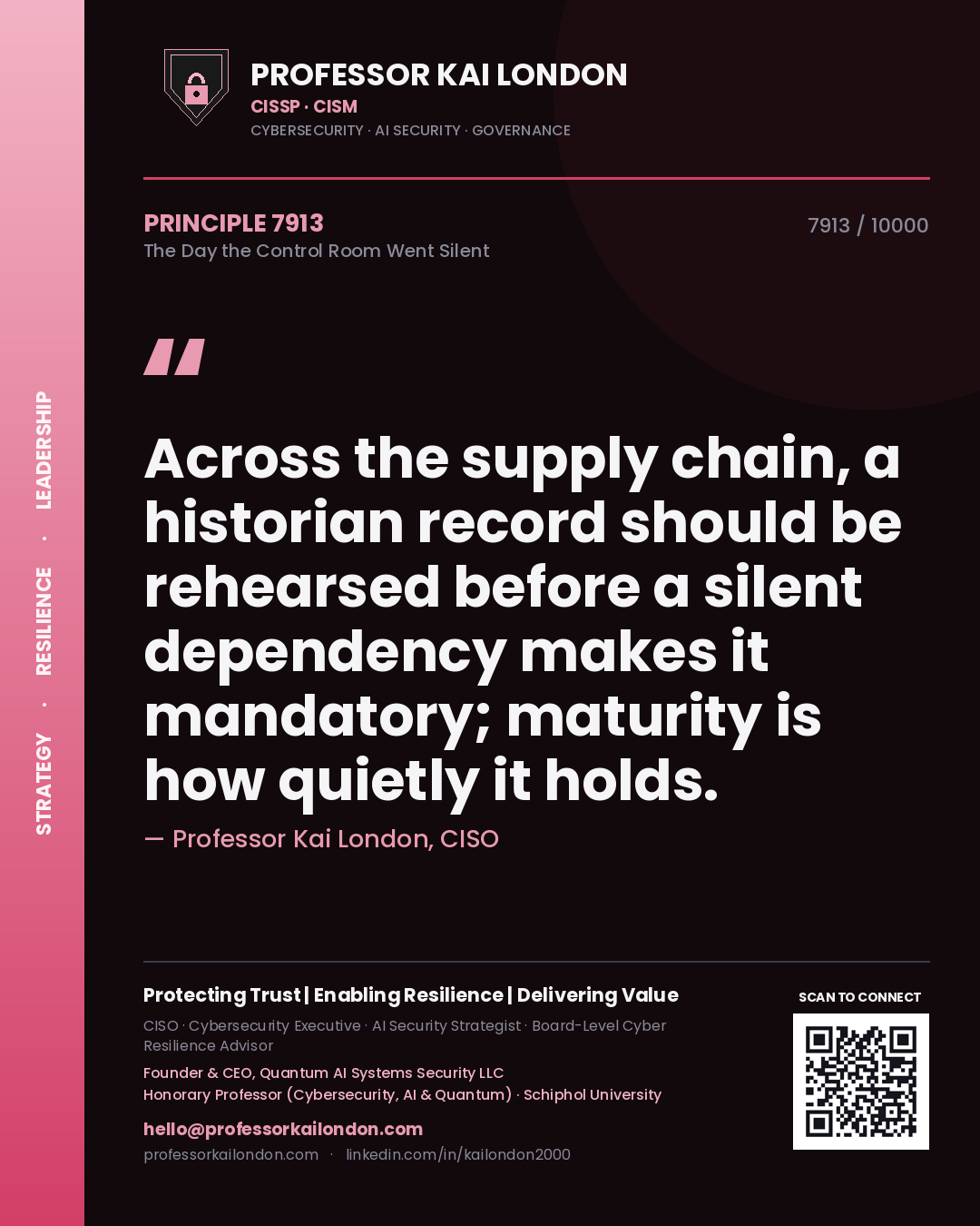 Quote card by Professor Kai London reading 'Across the supply chain, a historian record should be rehearsed before a silent dependency makes it mandatory; maturity is how quietly it holds.'. From the book The Day the Control Room Went Silent.