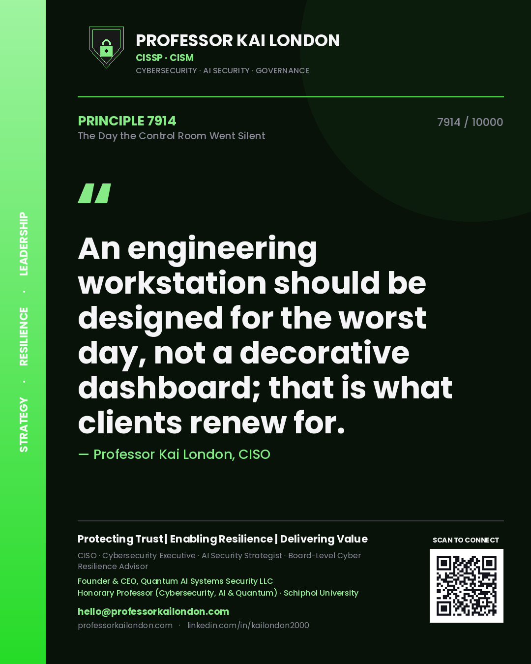 Quote card by Professor Kai London reading 'An engineering workstation should be designed for the worst day, not a decorative dashboard; that is what clients renew for.'. From the book The Day the Control Room Went Silent.