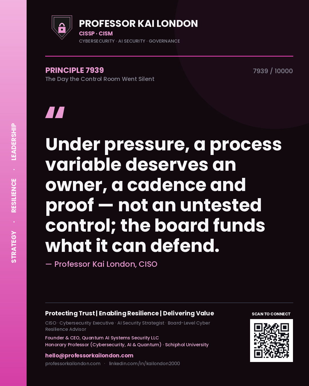 Professor Kai London principle 7939: Under pressure, a process variable deserves an owner, a cadence and proof — not an untested control; the board funds what it can defend.