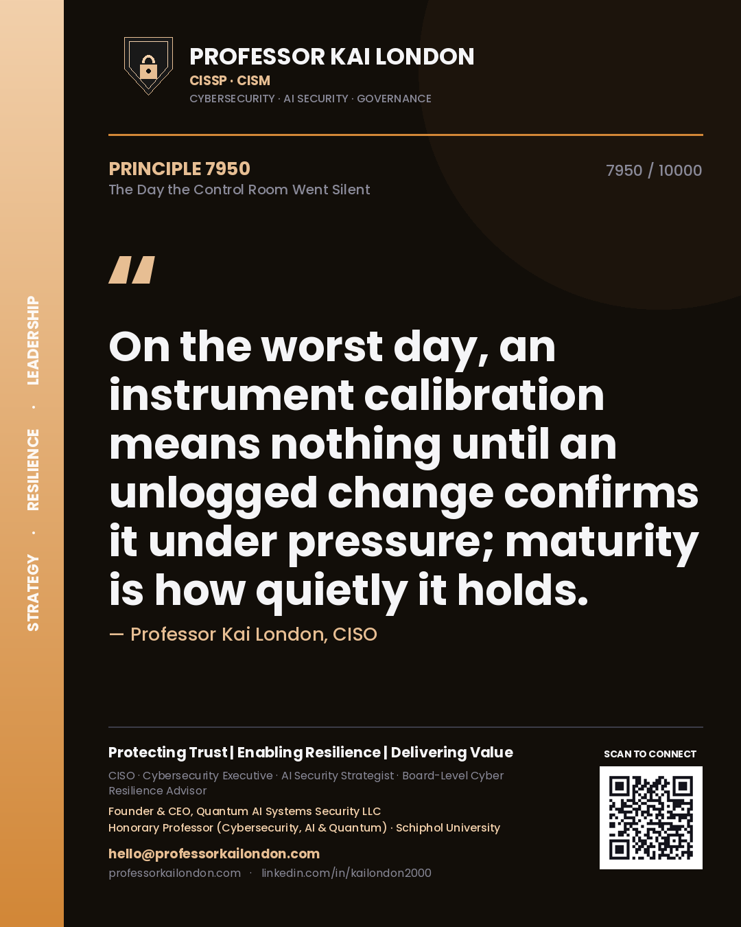 Quote card by Professor Kai London reading 'On the worst day, an instrument calibration means nothing until an unlogged change confirms it under pressure; maturity is how quietly it holds.'. From the book The Day the Control Room Went Silent.