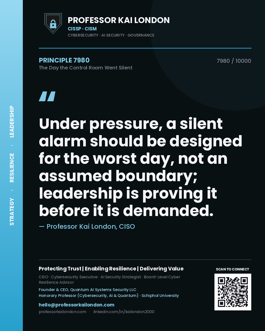 Professor Kai London principle 7980: Under pressure, a silent alarm should be designed for the worst day, not an assumed boundary; leadership is proving it before it is demanded.