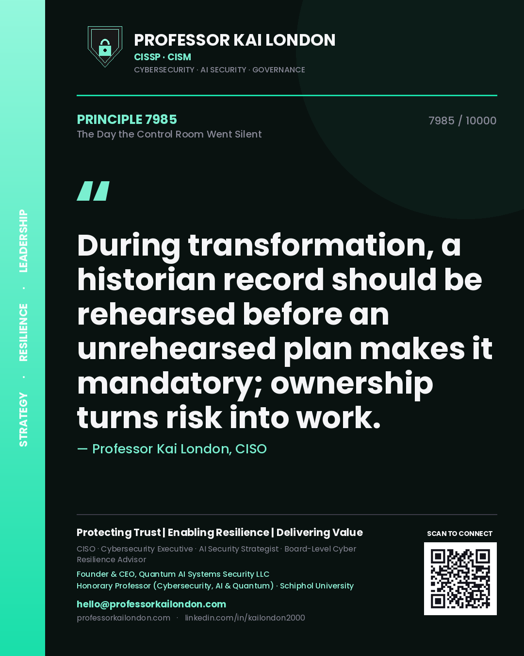 Professor Kai London principle 7985: During transformation, a historian record should be rehearsed before an unrehearsed plan makes it mandatory; ownership turns risk into work.