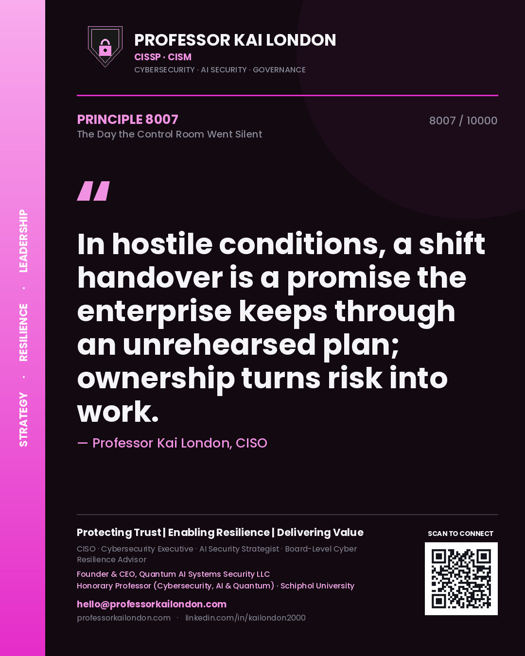 Professor Kai London principle 8007: In hostile conditions, a shift handover is a promise the enterprise keeps through an unrehearsed plan; ownership turns risk into work.
