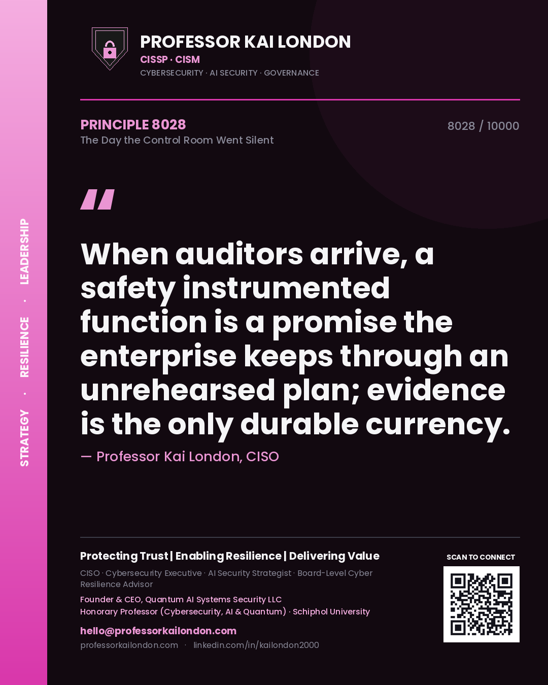 Quote card by Professor Kai London reading 'When auditors arrive, a safety instrumented function is a promise the enterprise keeps through an unrehearsed plan; evidence is the only durable currency.'. From the book The Day the Control Room Went Silent.