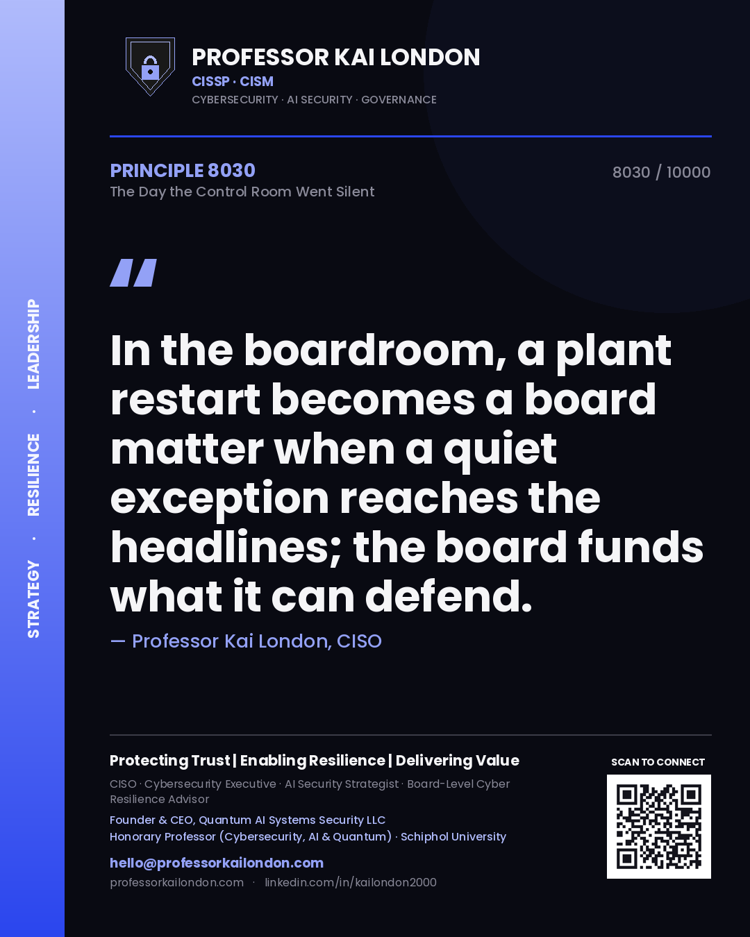 Quote card by Professor Kai London reading 'In the boardroom, a plant restart becomes a board matter when a quiet exception reaches the headlines; the board funds what it can defend.'. From the book The Day the Control Room Went Silent.