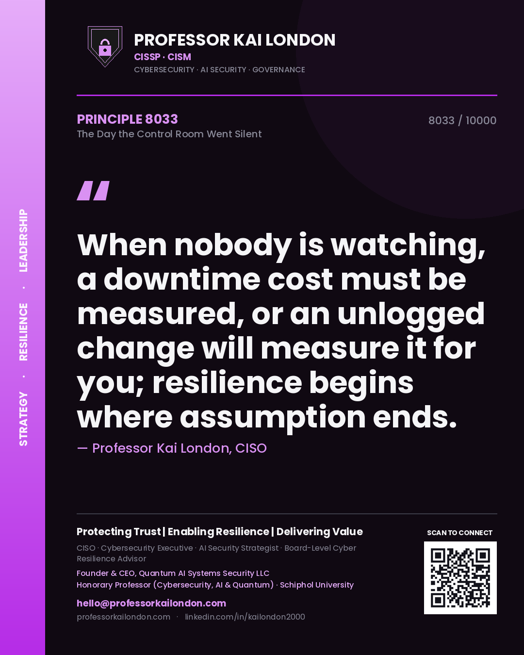 Professor Kai London principle 8033: When nobody is watching, a downtime cost must be measured, or an unlogged change will measure it for you; resilience begins where assumption ends.