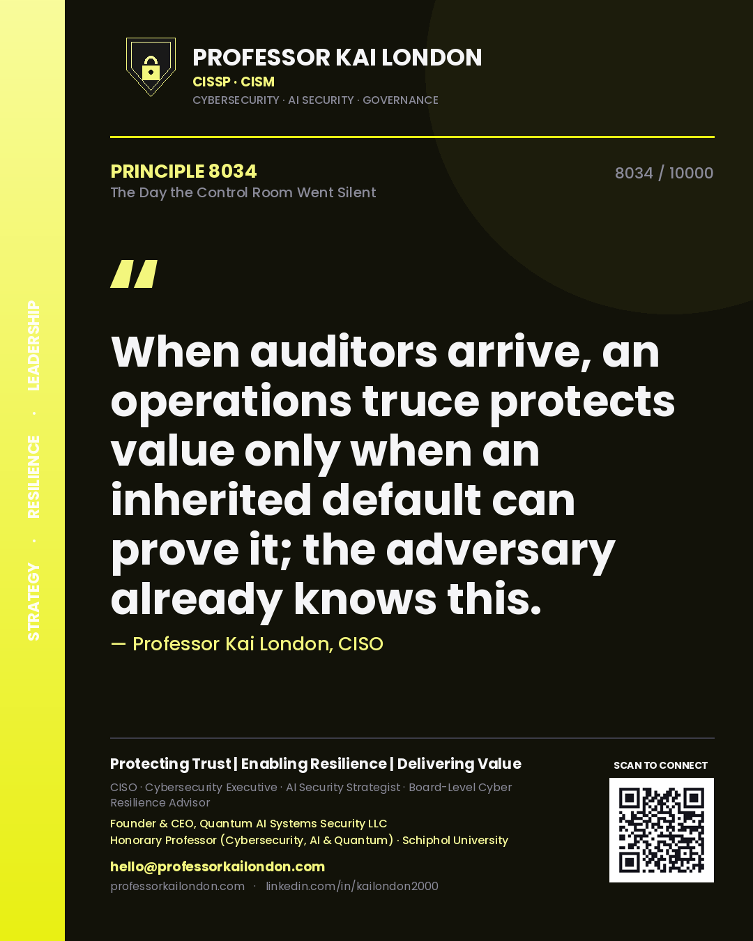 Professor Kai London principle 8034: When auditors arrive, an operations truce protects value only when an inherited default can prove it; the adversary already knows this.