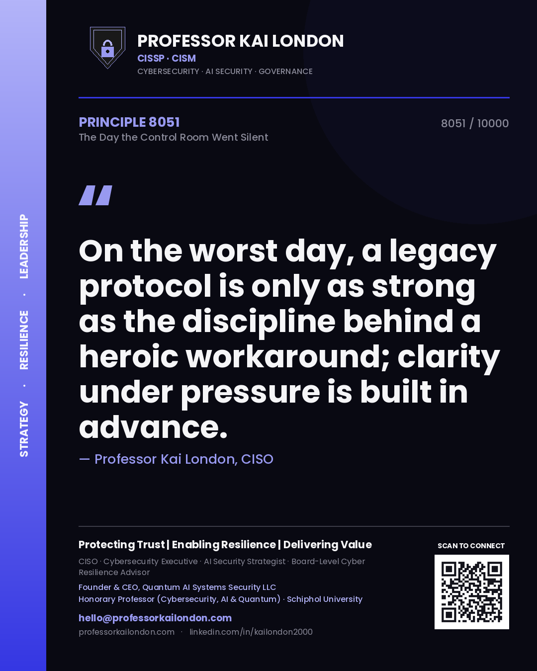 Professor Kai London principle 8051: On the worst day, a legacy protocol is only as strong as the discipline behind a heroic workaround; clarity under pressure is built in advance.