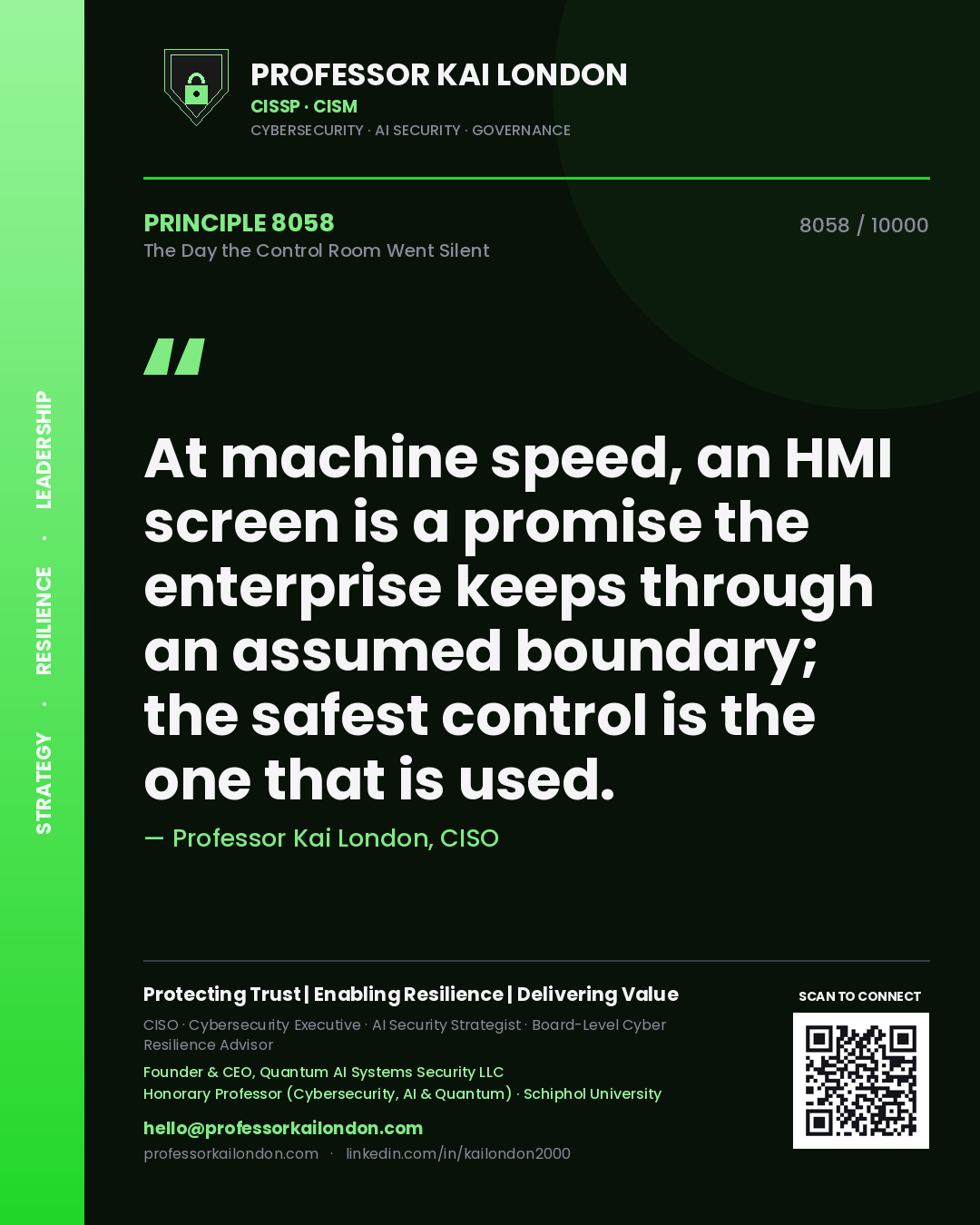 Professor Kai London principle 8058: At machine speed, an HMI screen is a promise the enterprise keeps through an assumed boundary; the safest control is the one that is used.