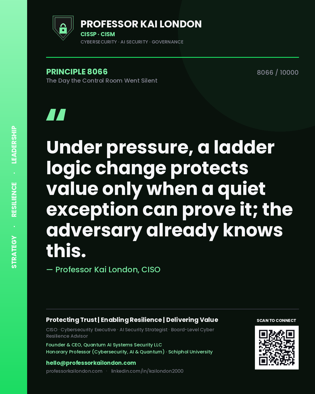 Quote card by Professor Kai London reading 'Under pressure, a ladder logic change protects value only when a quiet exception can prove it; the adversary already knows this.'. From the book The Day the Control Room Went Silent.