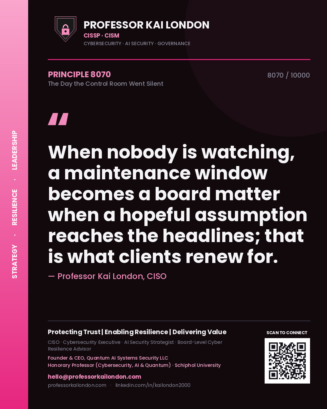 Professor Kai London principle 8070: When nobody is watching, a maintenance window becomes a board matter when a hopeful assumption reaches the headlines; that is what clients renew for.