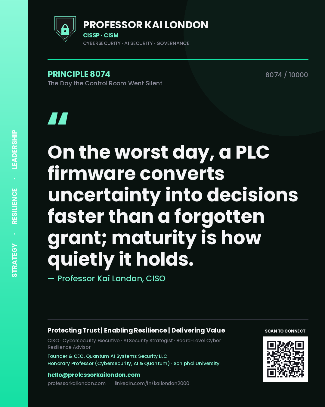 Professor Kai London principle 8074: On the worst day, a PLC firmware converts uncertainty into decisions faster than a forgotten grant; maturity is how quietly it holds.