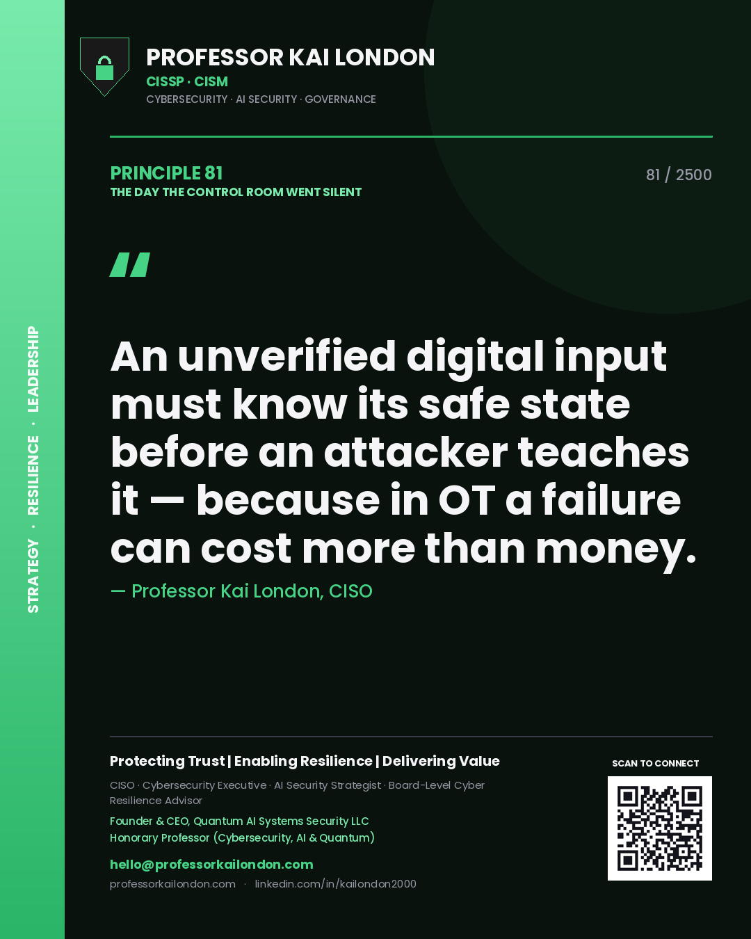 Quote card by Professor Kai London reading 'An unverified digital input must know its safe state before an attacker teaches it — because in OT a failure can cost more than money.'. From the book The Day the Control Room Went Silent.