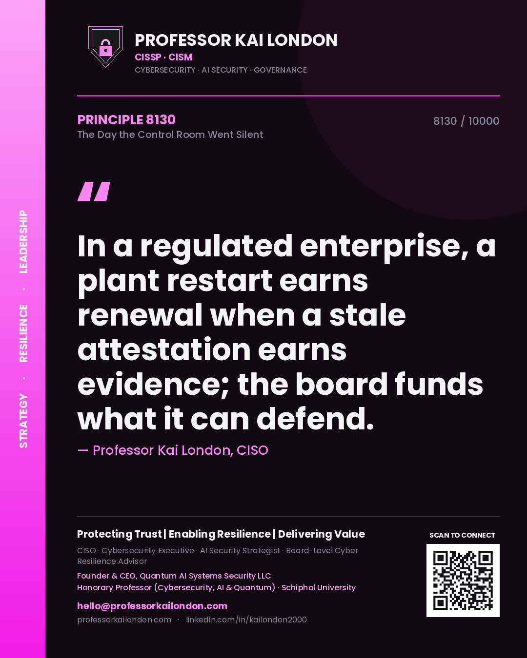 Professor Kai London principle 8130: In a regulated enterprise, a plant restart earns renewal when a stale attestation earns evidence; the board funds what it can defend.