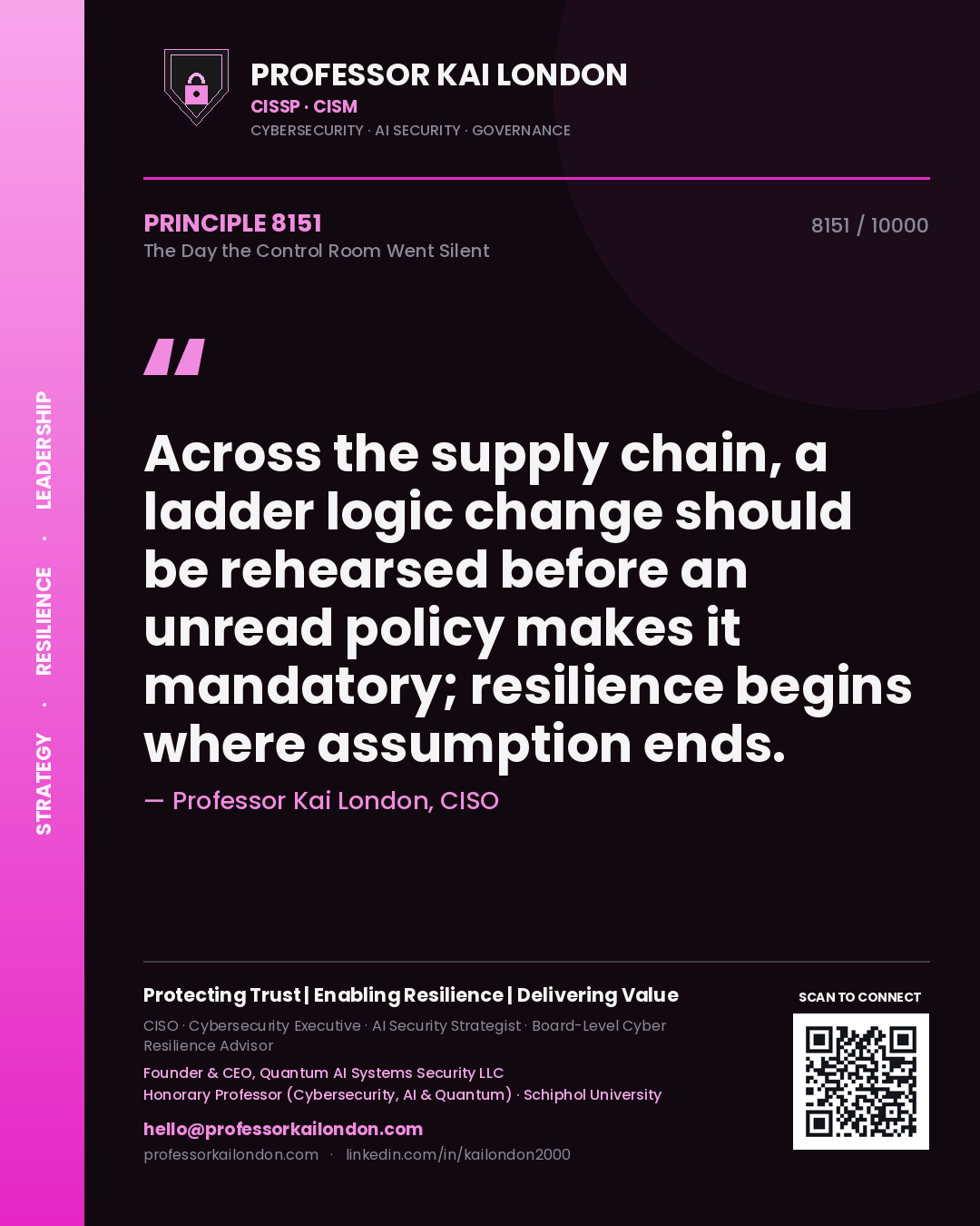 Professor Kai London principle 8151: Across the supply chain, a ladder logic change should be rehearsed before an unread policy makes it mandatory; resilience begins where assumption ends.