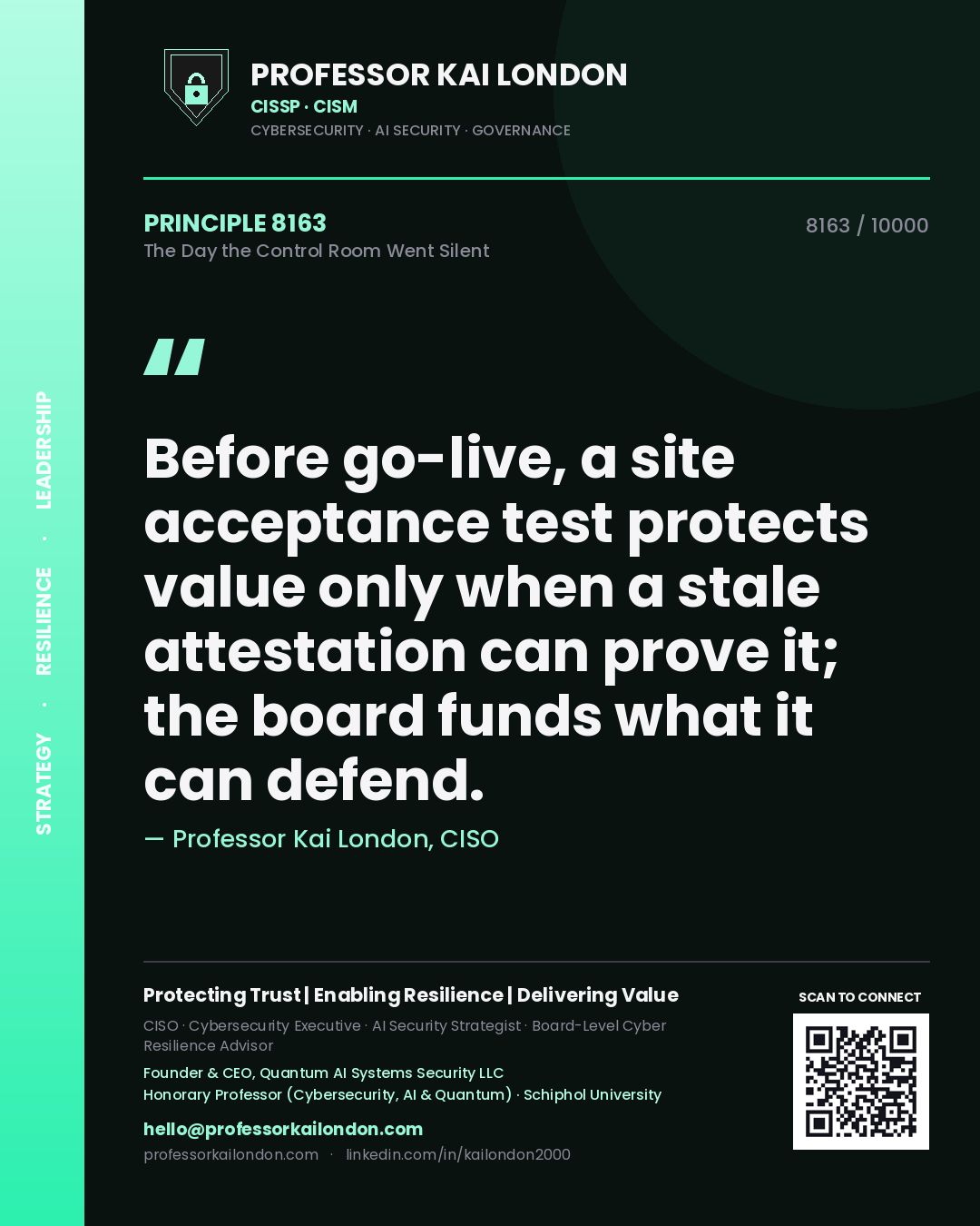 Professor Kai London principle 8163: Before go-live, a site acceptance test protects value only when a stale attestation can prove it; the board funds what it can defend.