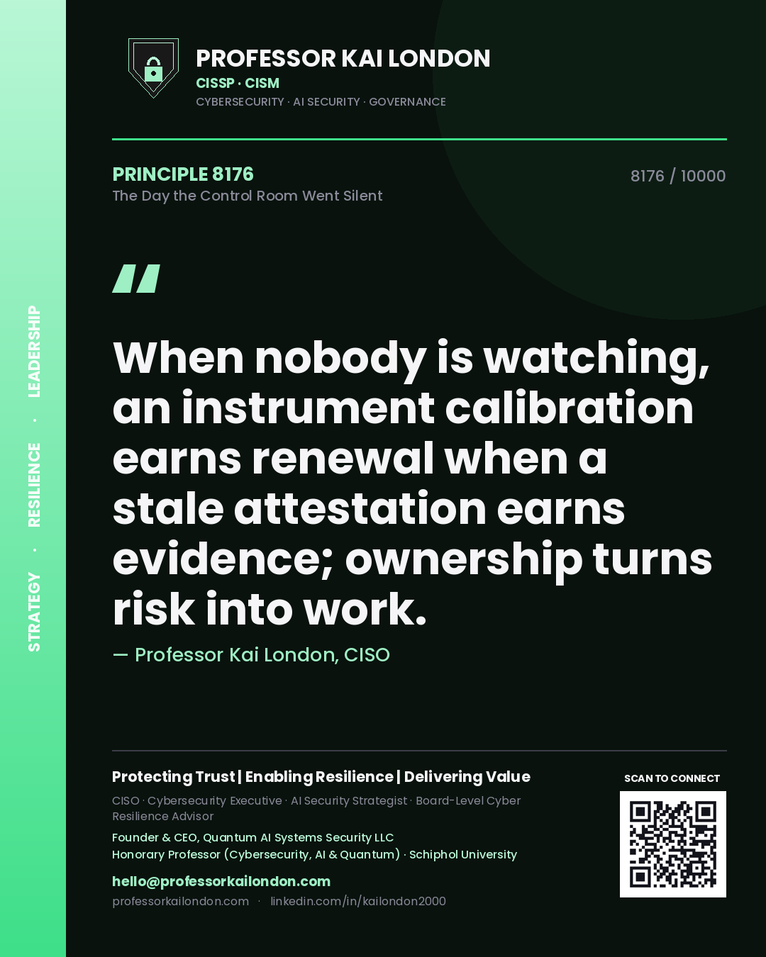 Quote card by Professor Kai London reading 'When nobody is watching, an instrument calibration earns renewal when a stale attestation earns evidence; ownership turns risk into work.'. From the book The Day the Control Room Went Silent.